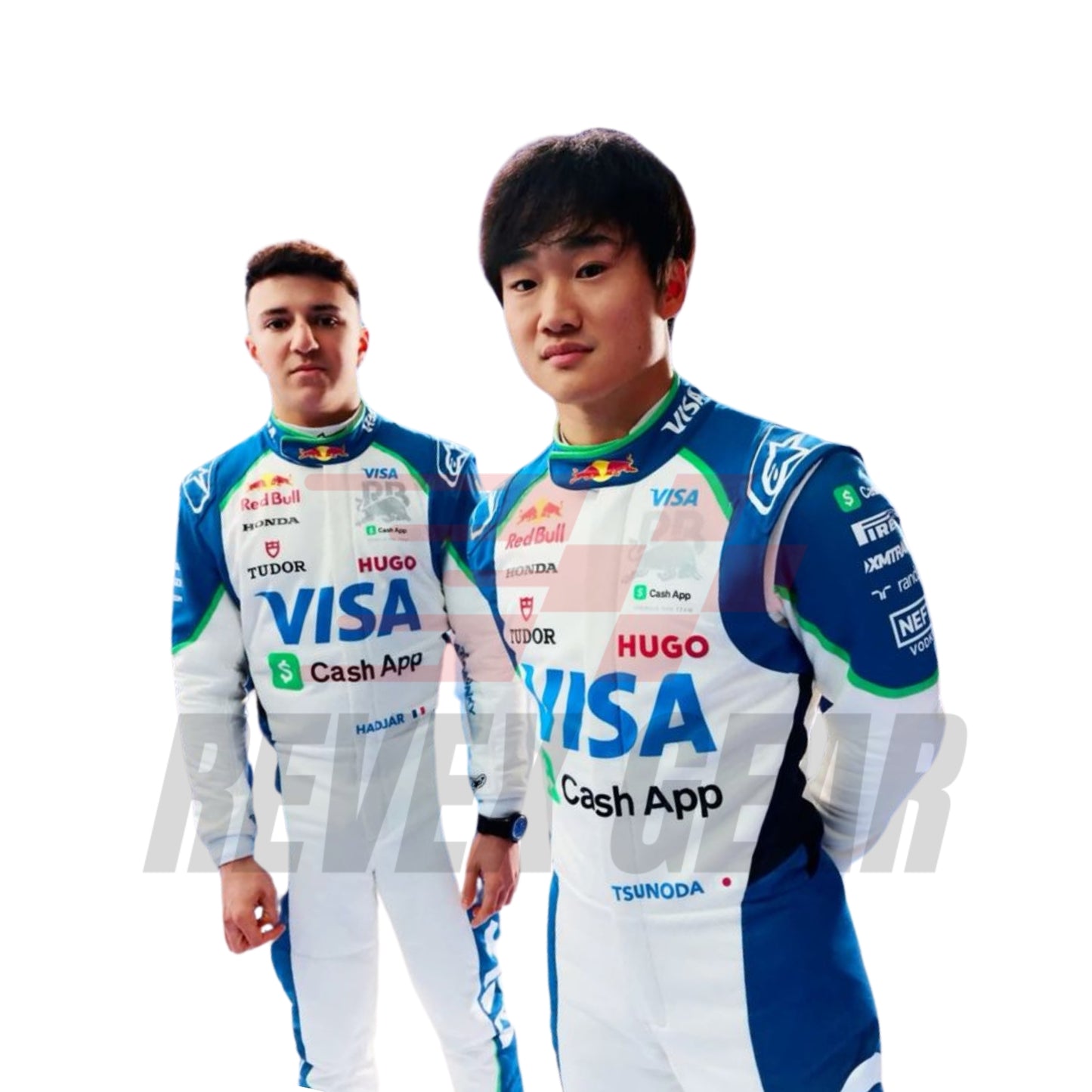 Isack Hadjar and Yuki Tsunoda celebrating together during the 2025 season, highlighting their teamwork.