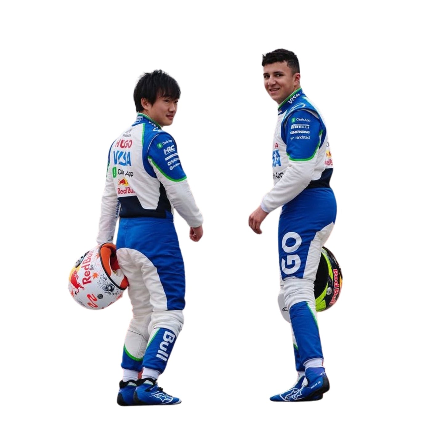 Rear view of Isack Hadjar's and Tsunoda 2025 F1 race suit showcasing the white base with blue and green detailing and prominent sponsor branding.
