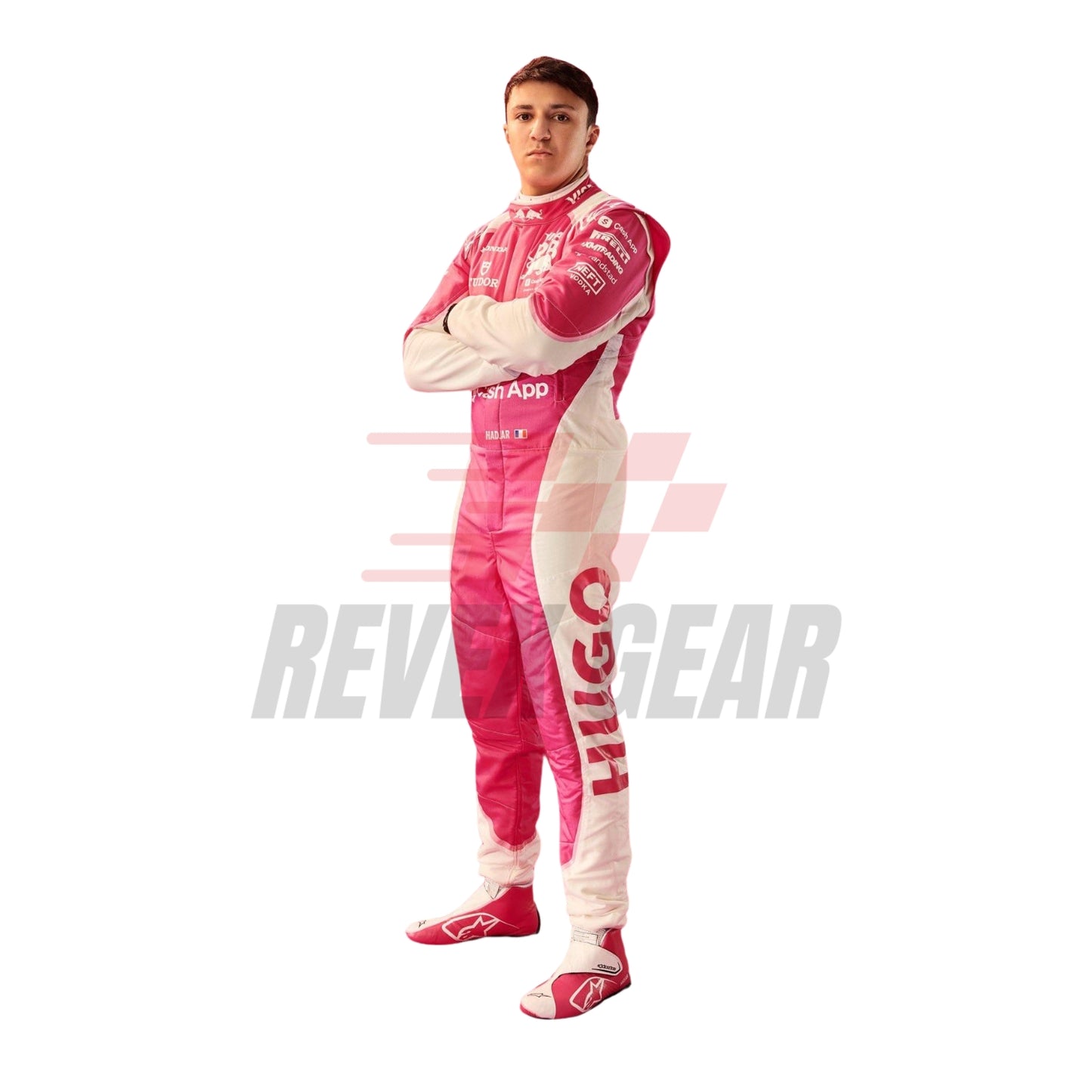 Isack Hadjar wearing the 2025 Miami GP F1 race suit, featuring a bold magenta and white color combination with a sharp, athletic fit.