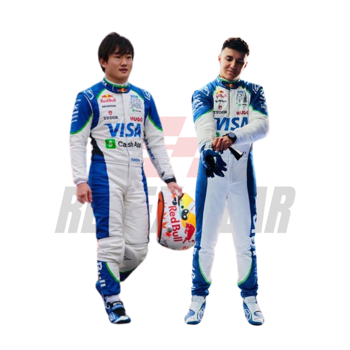Isack Hadjar and Yuki Tsunoda standing side by side in their 2025 racing suits, showcasing the team's design and unity.