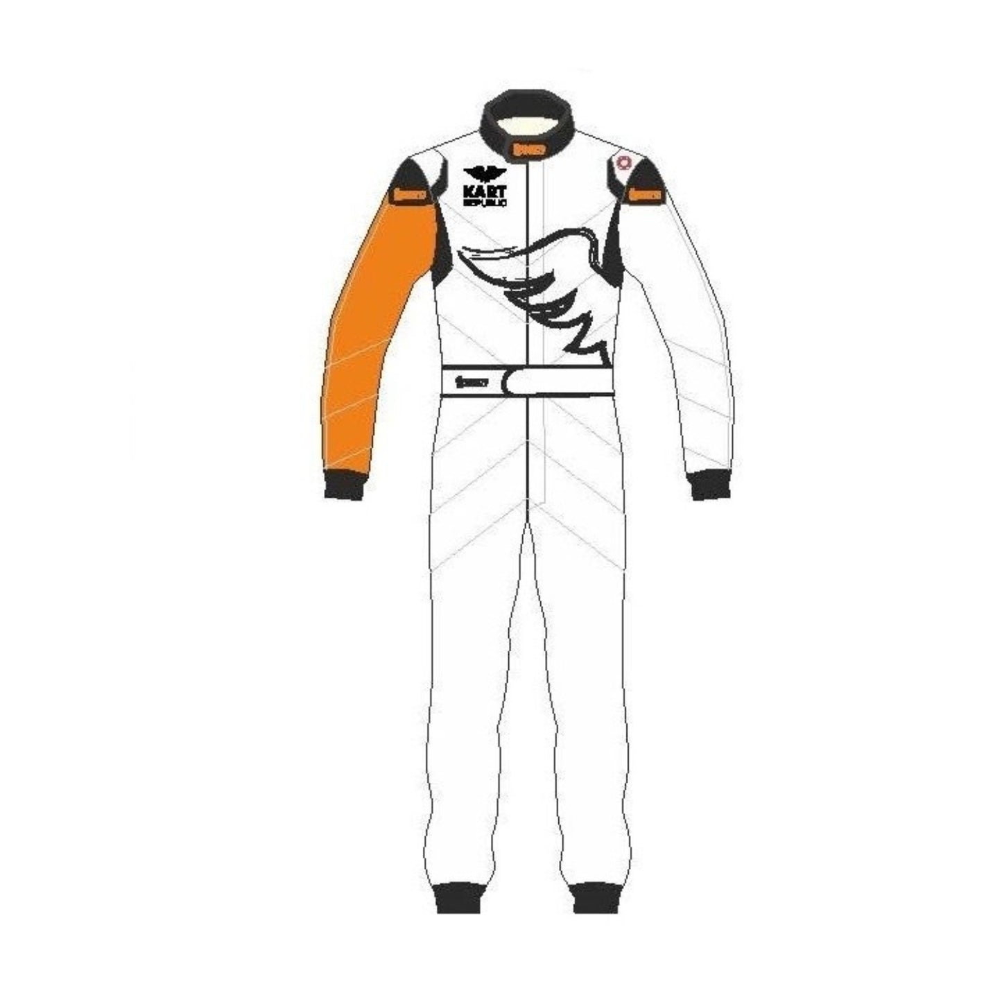 Front view of Kart Republic go-kart racing suit with striking multi-color design, breathable material, and professional race fit.