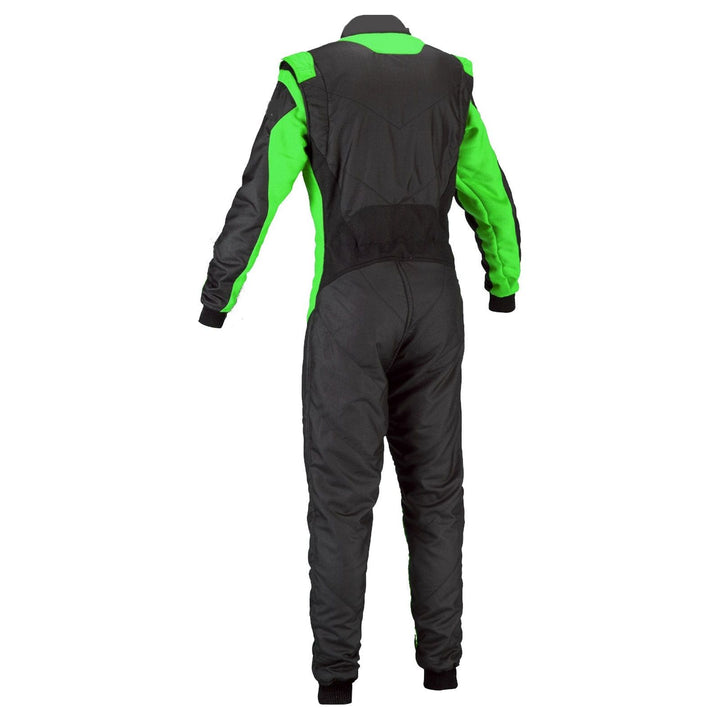 Back View of black and green Cordura one-piece kart racing suit featuring lightweight breathable fabric, secure zip closure, stretch panels for comfort and & belt – custom name option available.