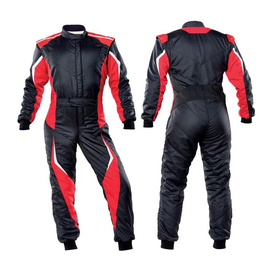 Front view of red and black custom go-kart racing suit featuring bold red finish, ergonomic fit, and lightweight multi-layer construction. Back of red and black custom go-kart racing suit showing reinforced seams, breathable panels, and race-inspired contour.