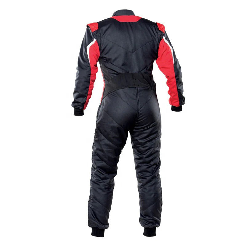 Back of red custom go-kart racing suit showing reinforced seams, breathable panels, and race-inspired contour.