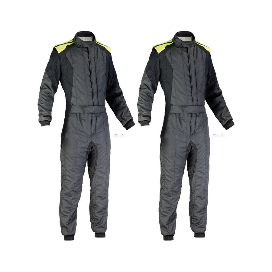 A pair of gray karting suits with yellow accents, featuring a full zip, elasticated cuffs, and a fine collar with Velcro.