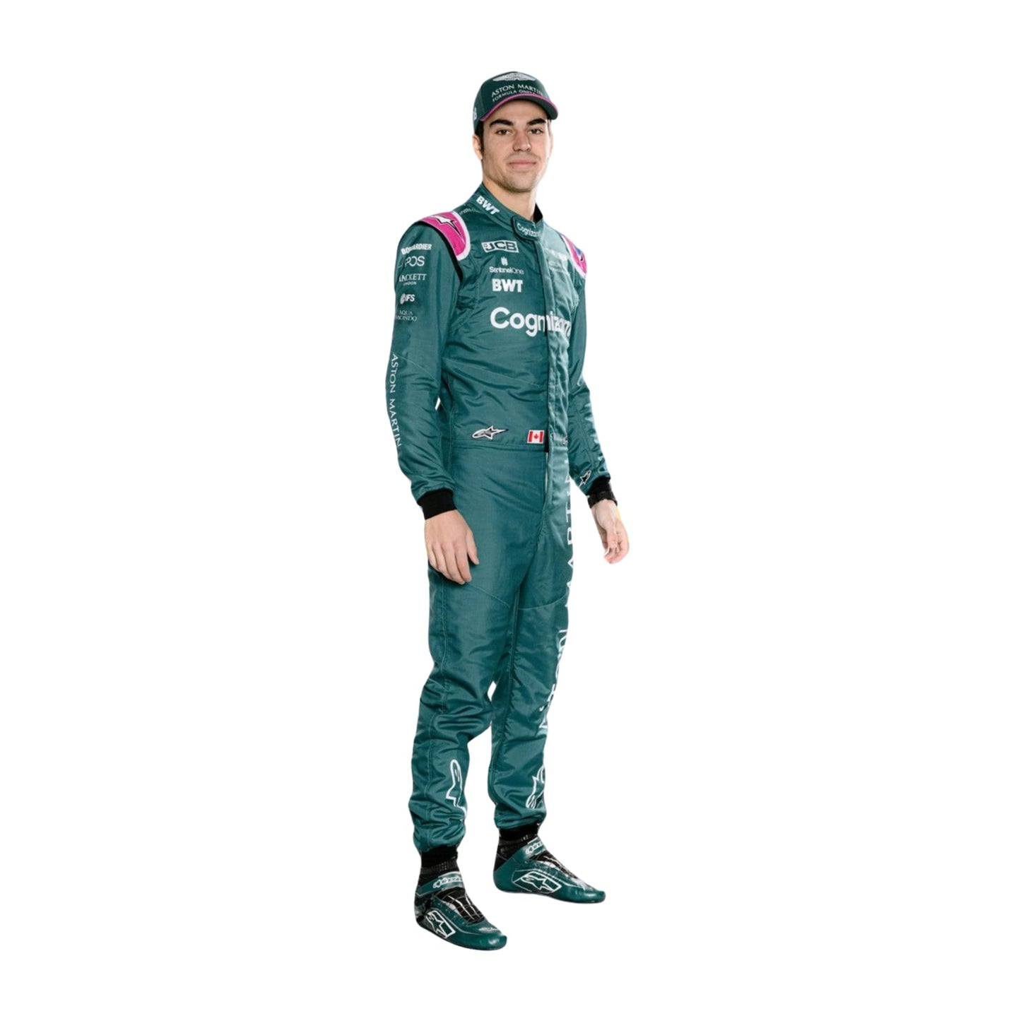 2021 Lance Stroll F1 Racing Suit Side View, Arm Strip Detailing, Sponsor Logos, Streamlined Paneling