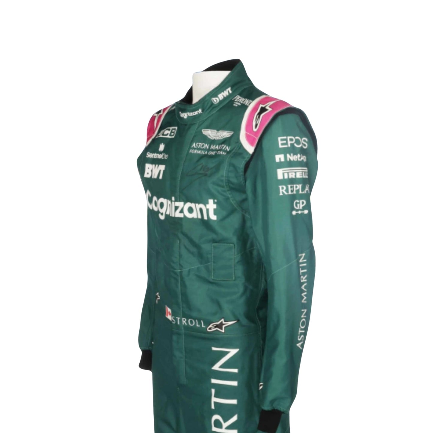 2021 Lance Stroll F1 Racing Suit Side View, Arm Strip Detailing, Sponsor Logos, Streamlined Paneling
