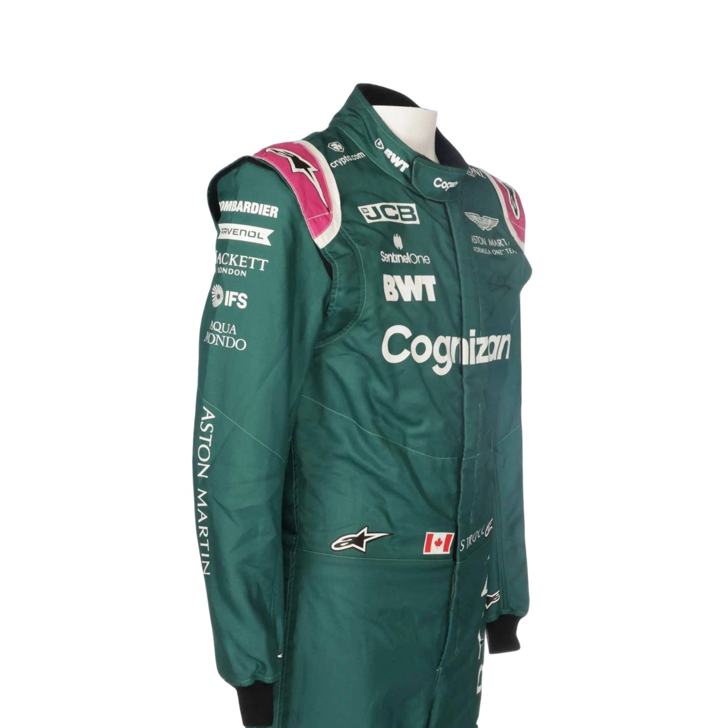 2021 Lance Stroll F1 Racing Suit Side View, Arm Strip Detailing, Sponsor Logos, Streamlined Paneling