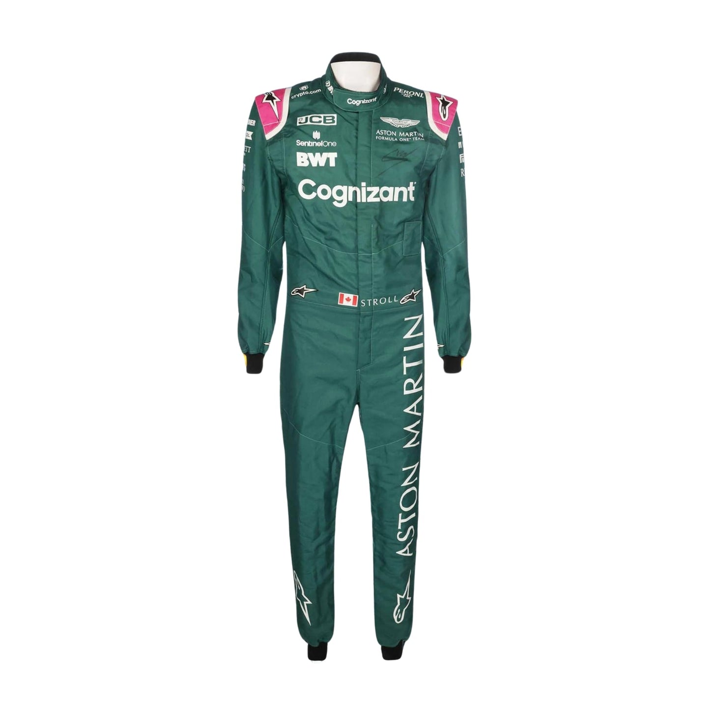 2021 Lance Stroll F1 Racing Suit Front View, Signature Green Shade, Zipper Closure, Sponsor Branding