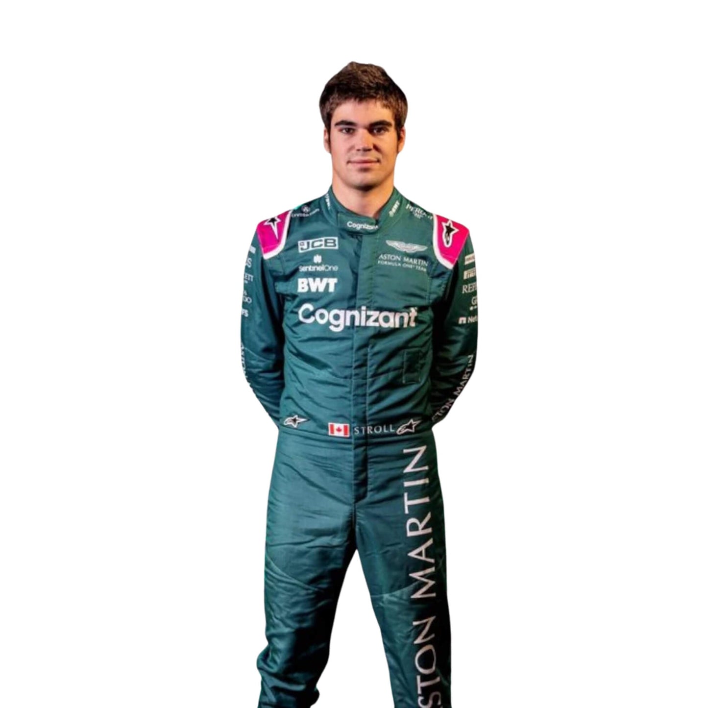 2021 Lance Stroll F1 Racing Suit Close-up, Logo Tag, Reinforced Neckline, Contrast Stitching