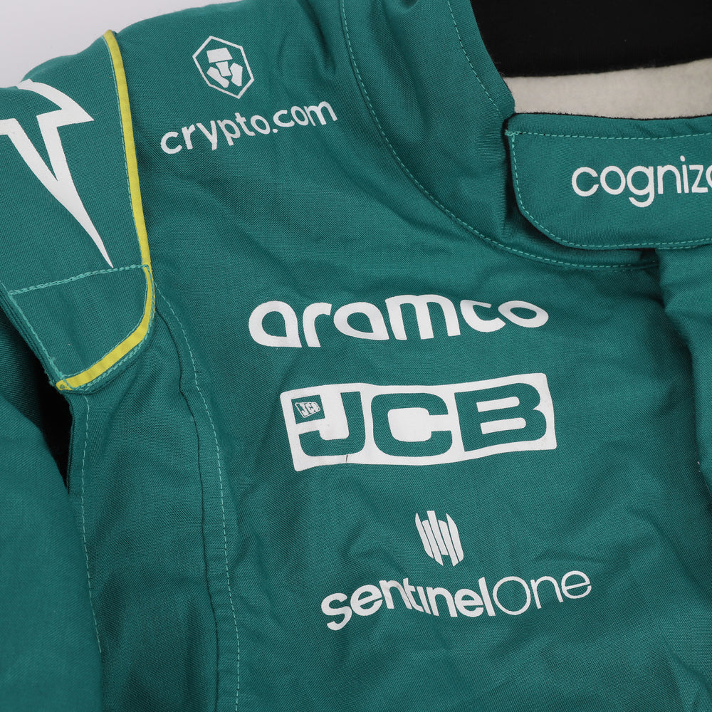 Close-up shot of Lance Stroll’s 2023 F1 racing suit fabric and stitching, focusing on the high-quality material and visible sponsor branding, emphasizing durability and race-ready functionality.