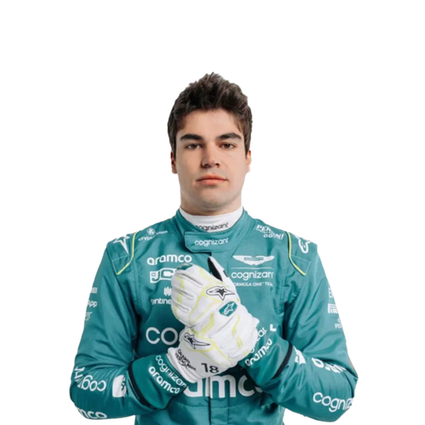 Close-up shot of Lance Stroll’s 2023 F1 racing suit fabric and stitching, focusing on the high-quality material and visible sponsor branding, emphasizing durability and race-ready functionality.
