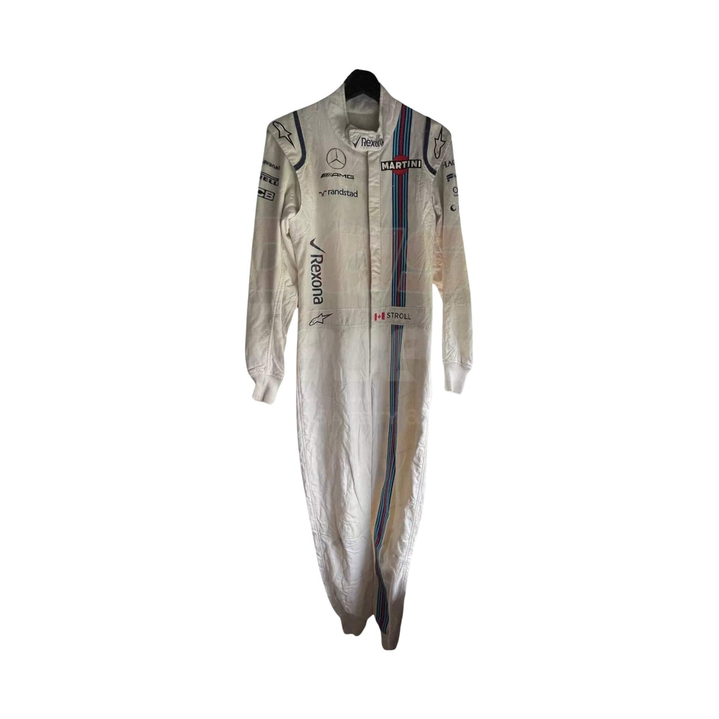 Front view of Lance Stroll’s 2017 F1 racing suit, showcasing embroidered sponsor logos, a streamlined design, and performance-focused features for agility and comfort during races.