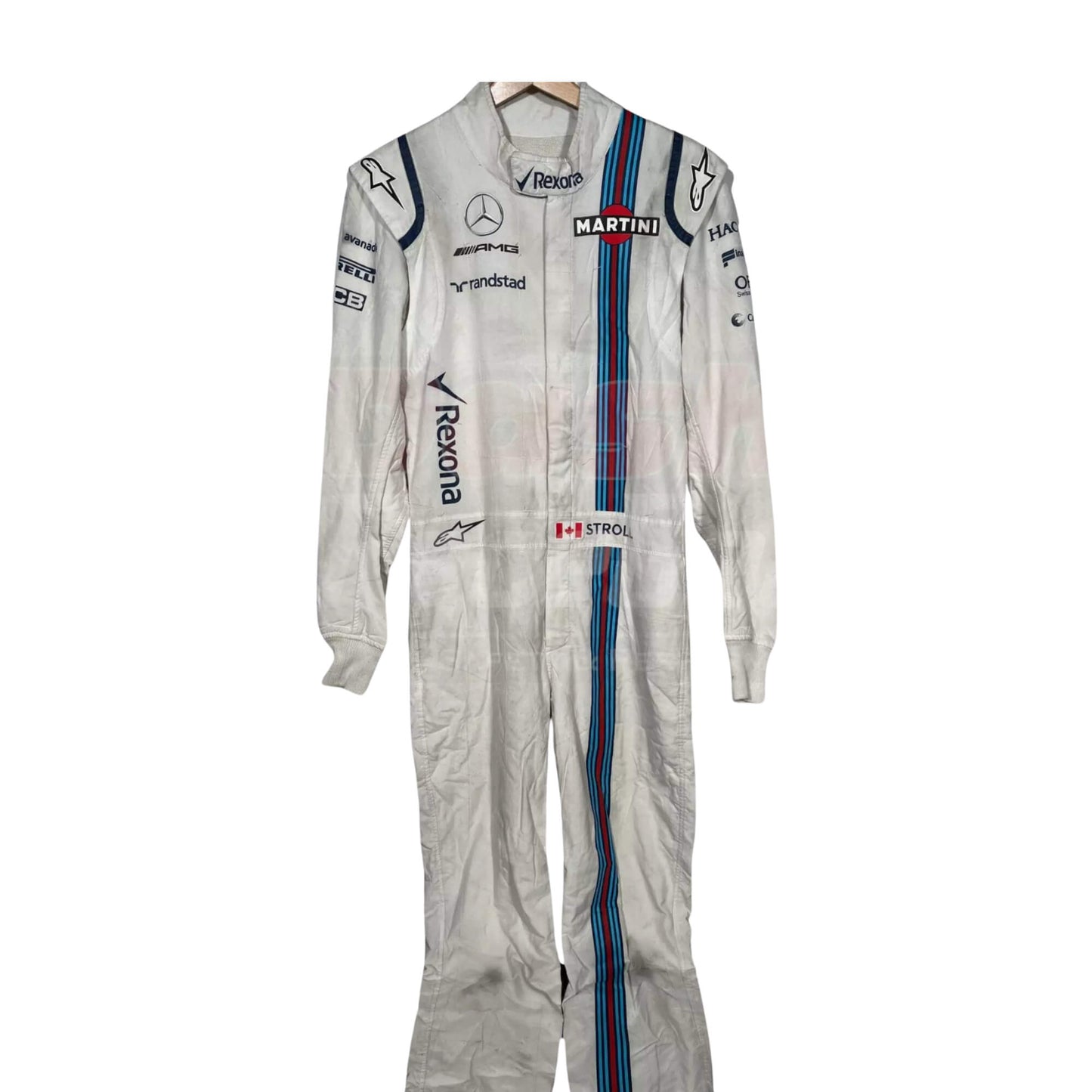Front view of Lance Stroll’s 2017 F1 racing suit, showcasing embroidered sponsor logos, a streamlined design, and performance-focused features for agility and comfort during races.