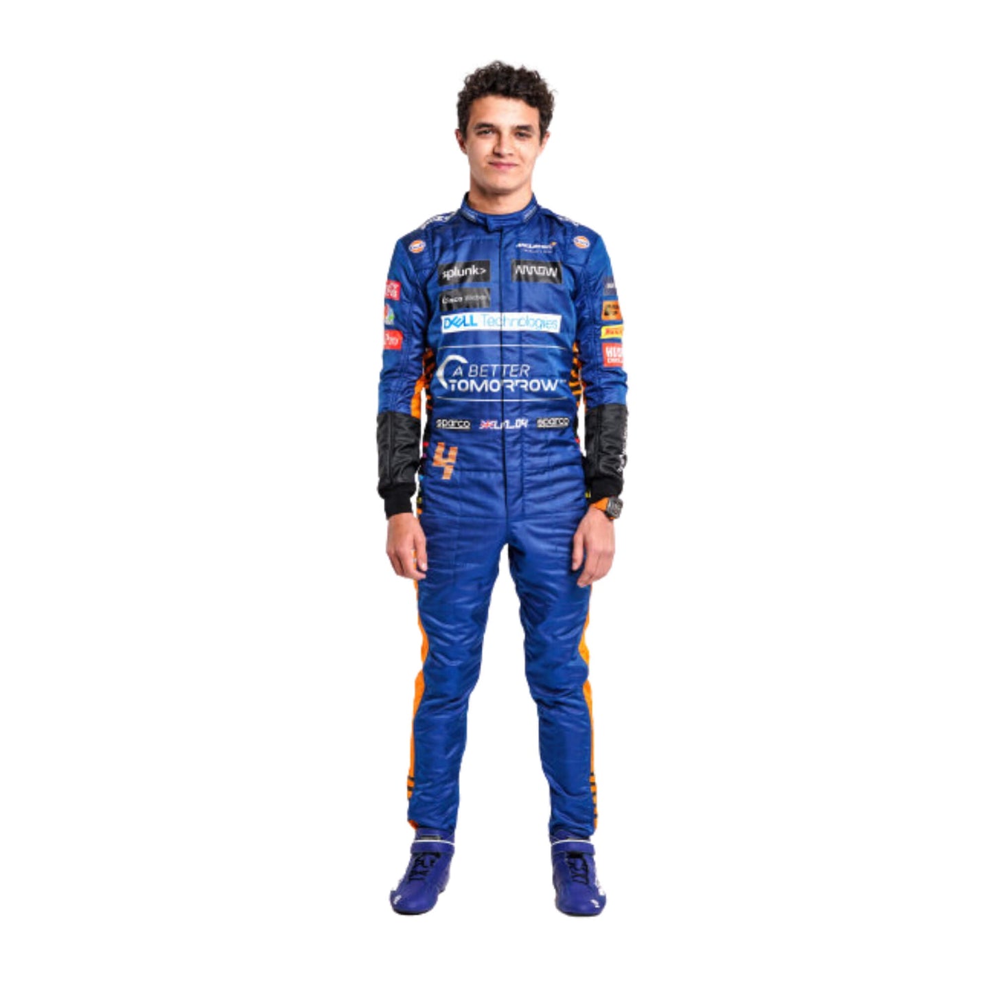 2020 Lando Norris F1 racing suit front view, showcasing Team McLaren's signature orange and black design, with prominent sponsor logos.