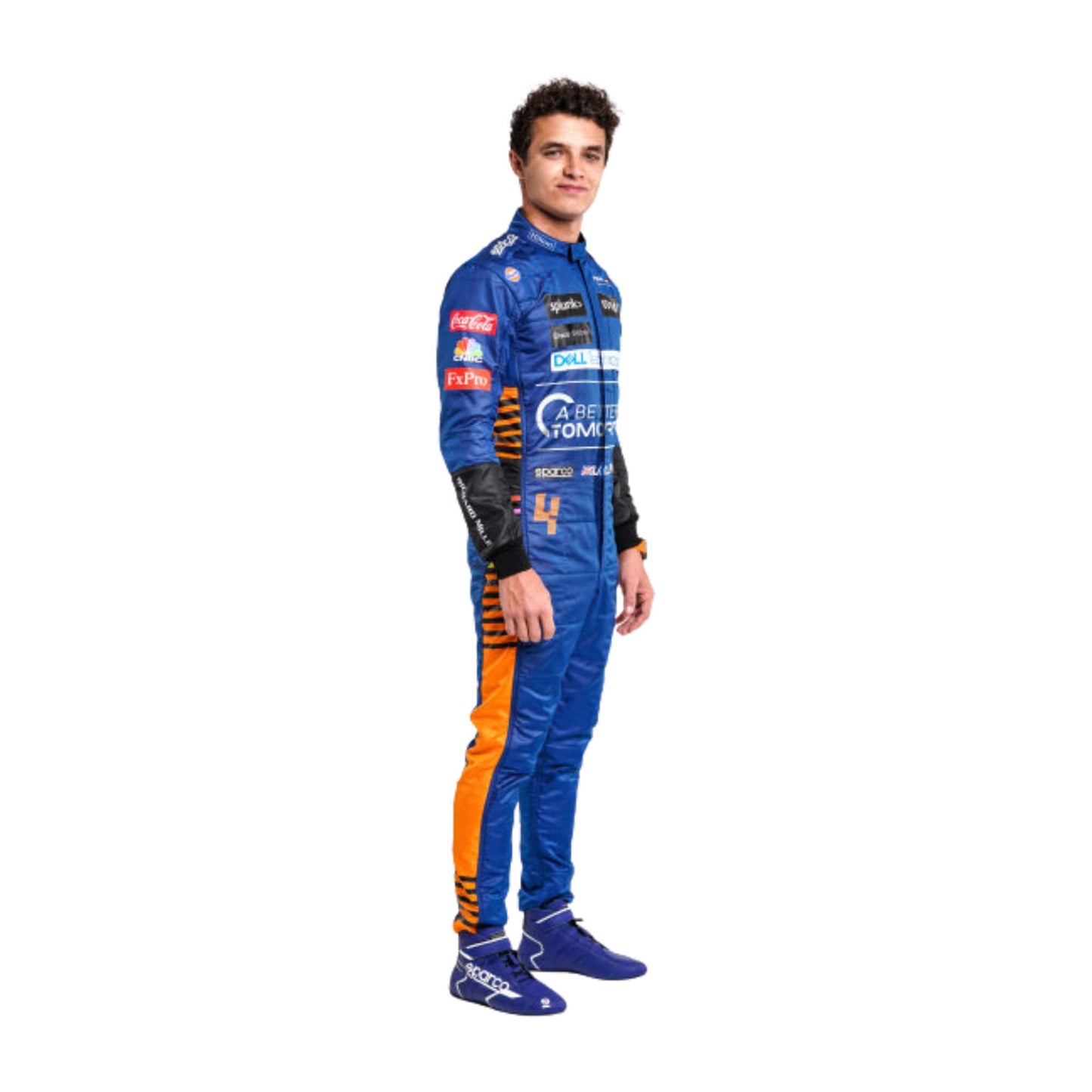 Side view of Lando Norris 2020 F1 racing suit – vibrant orange and blue design