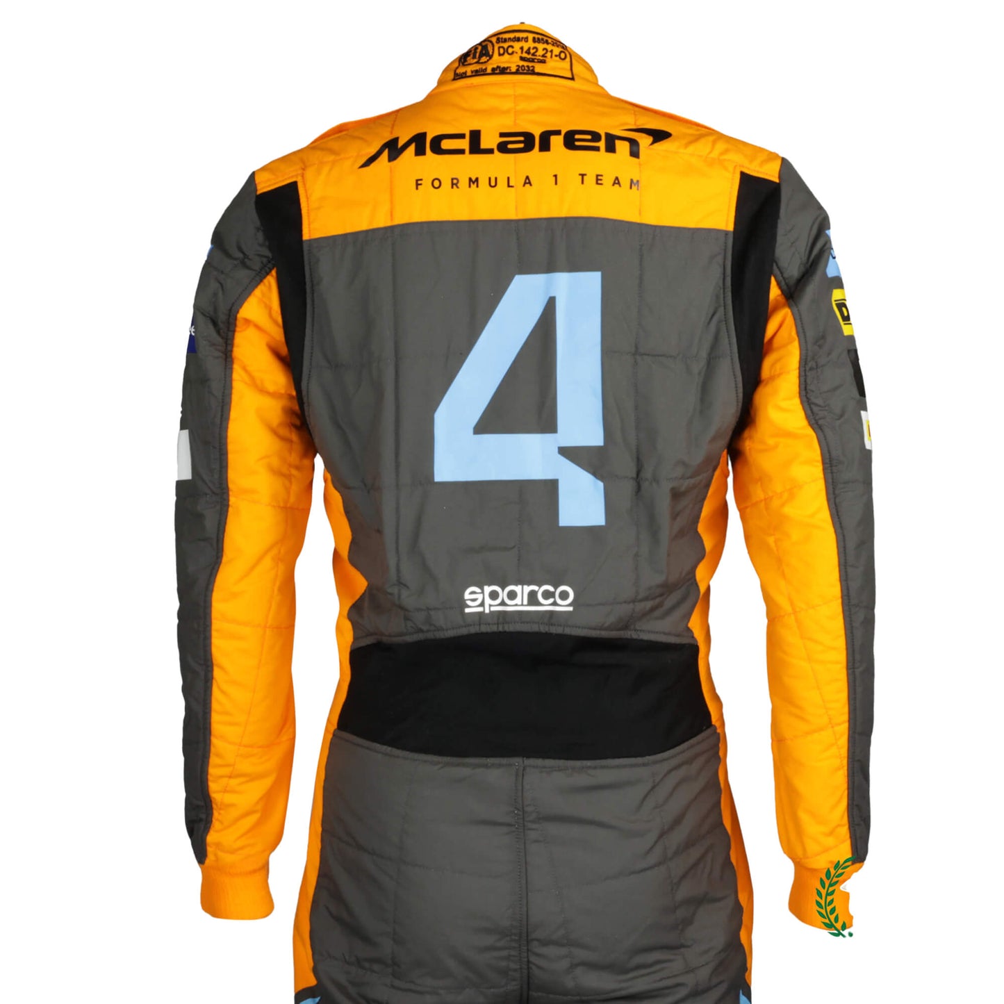 Back view of Lando Norris 2022 racing suit – high-quality orange suit with sharp blue highlights