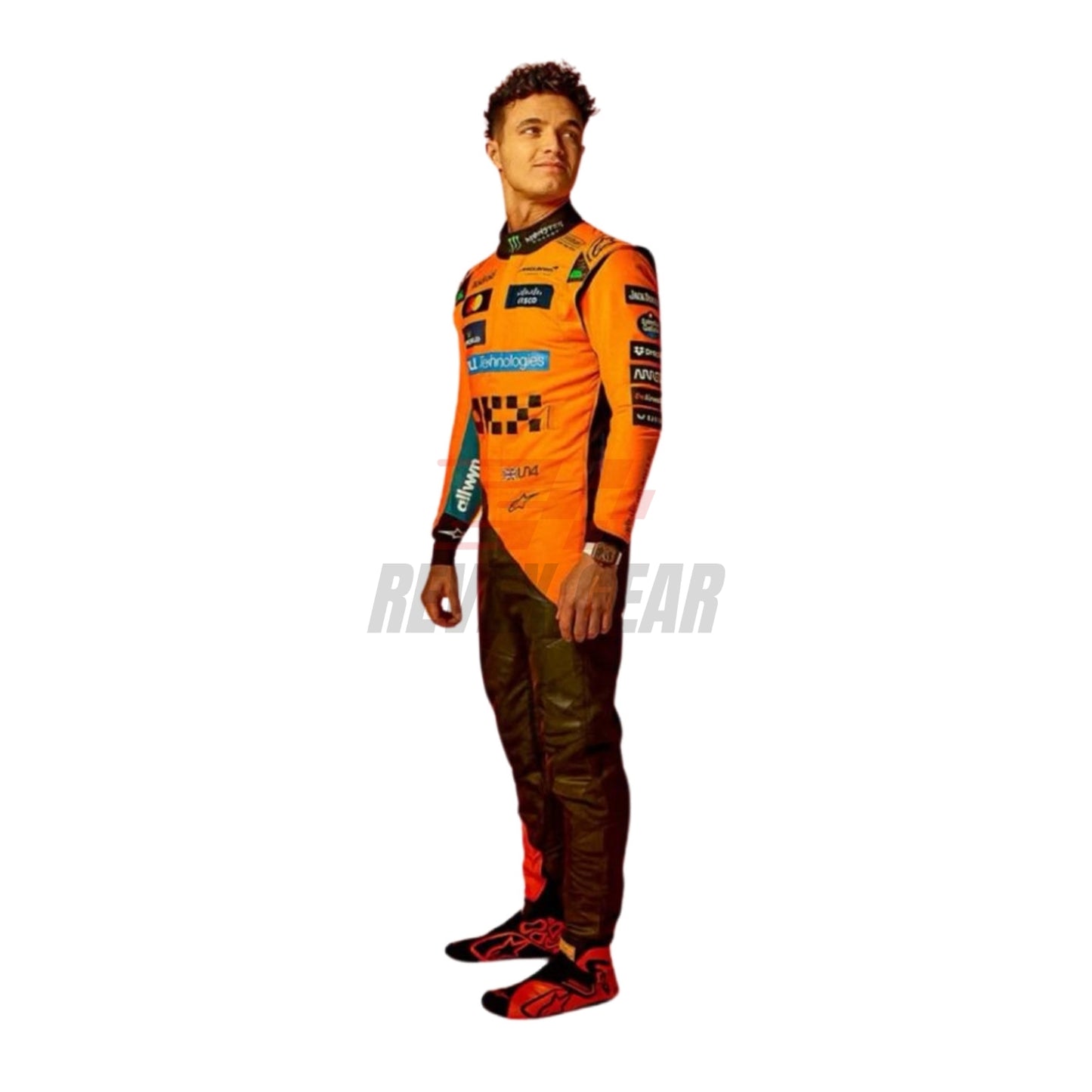 Left Side profile of the 2025 Formula 1 costume worn by Norris highlighting tailored fit, lateral airflow inserts, and driver customization zones.