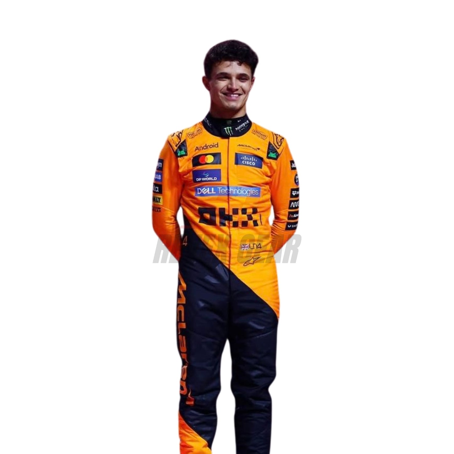 Close-up of fabric texture and detailed stitching on Lando Norris 2025 F1 racing costume showcasing premium finishes and logo embroidery.