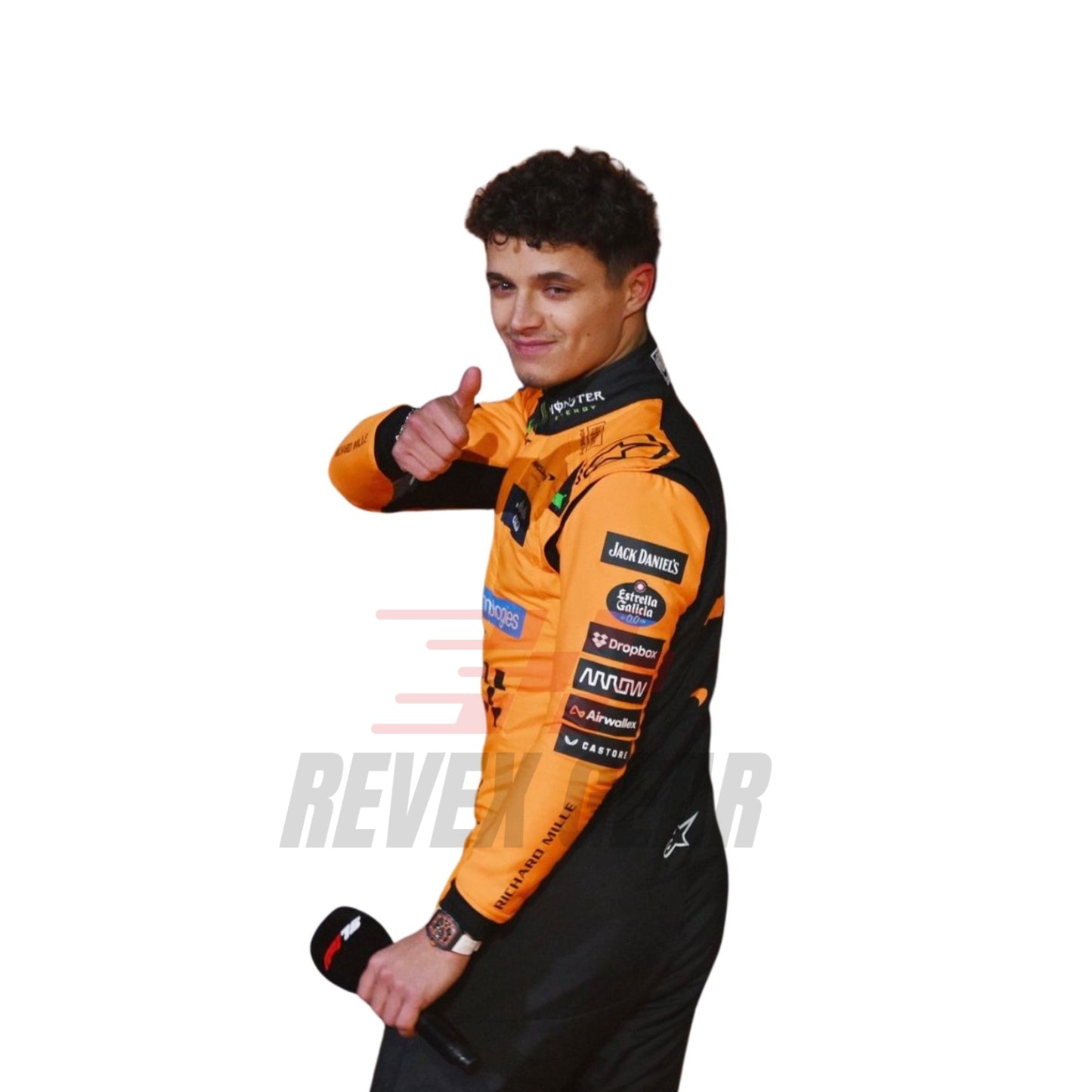 Close-up of fabric texture and detailed stitching on Lando Norris 2025 F1 racing costume showcasing premium finishes and logo embroidery.