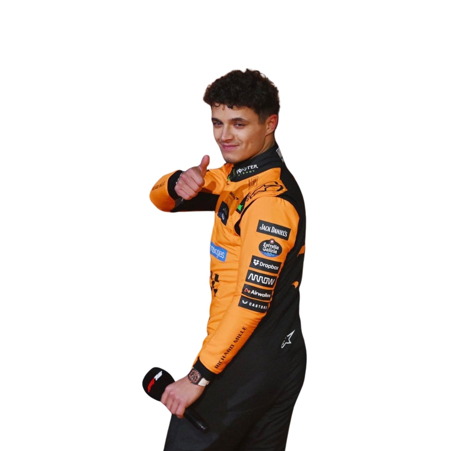 Rear Side view of the Lando Norris 2025 F1 racing suit with detailed stitching, aerodynamic fit, and vibrant McLaren orange and black accents.