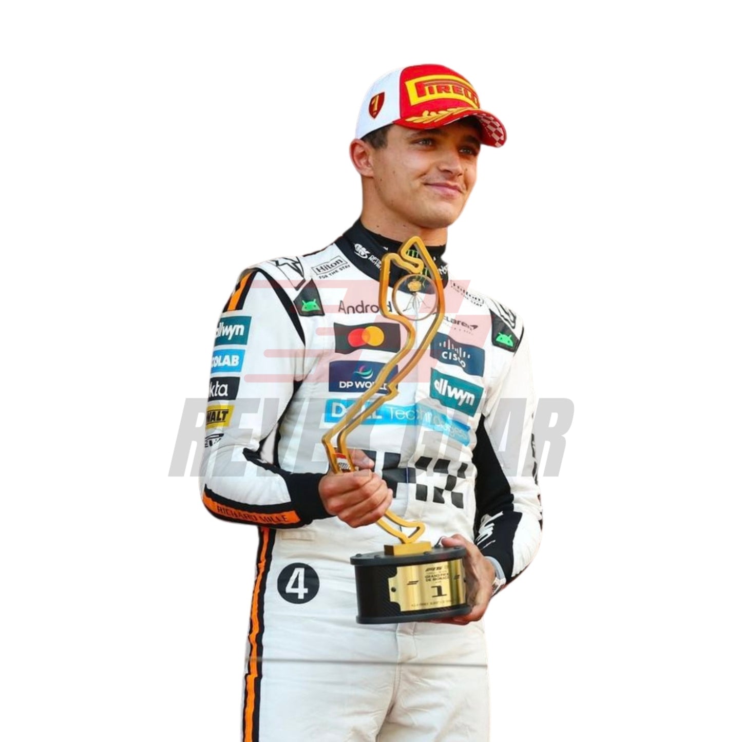 Close-up of the Monaco GP 2025 white racing suit fabric, highlighting crisp McLaren embroidery and precision stitching on the retro-style driver attire.