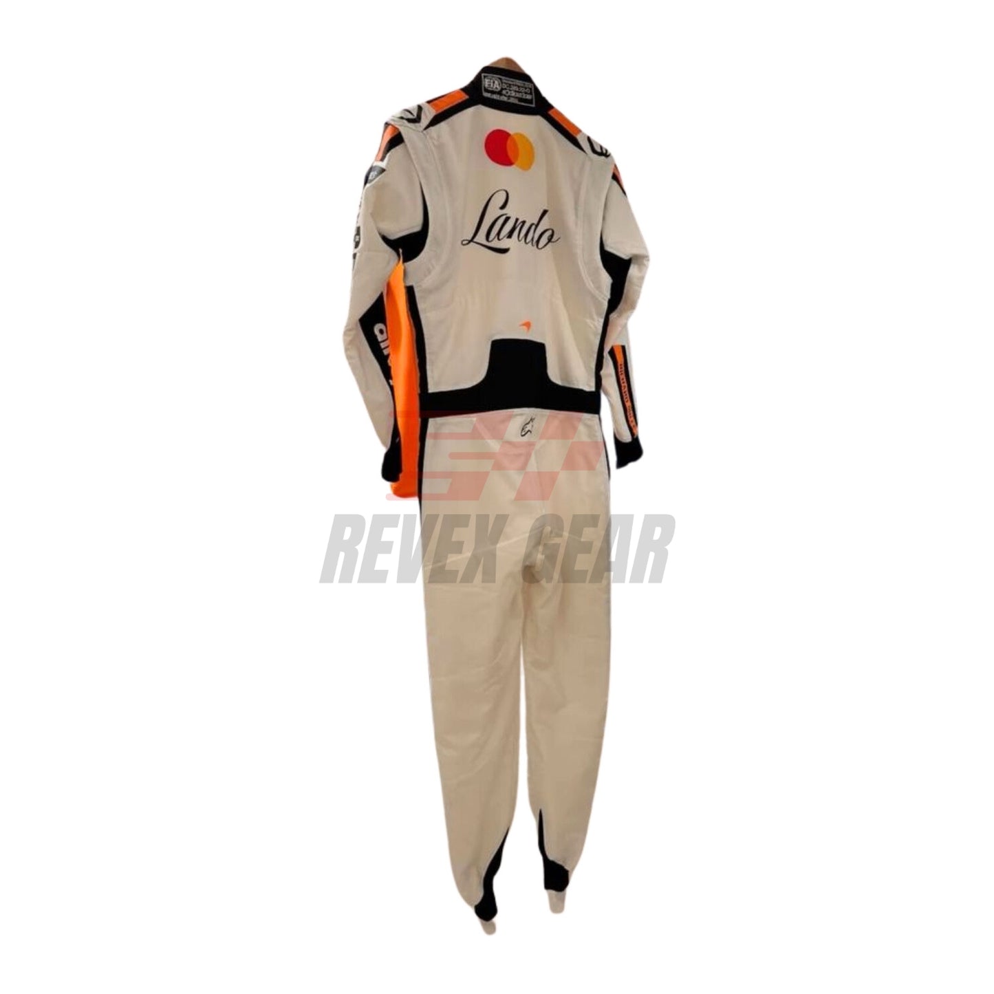 Rear view of the Monaco GP 2025 white race suit worn by Norris showcasing plain white tailored design, driver name badges, and subtle sponsor patches.
