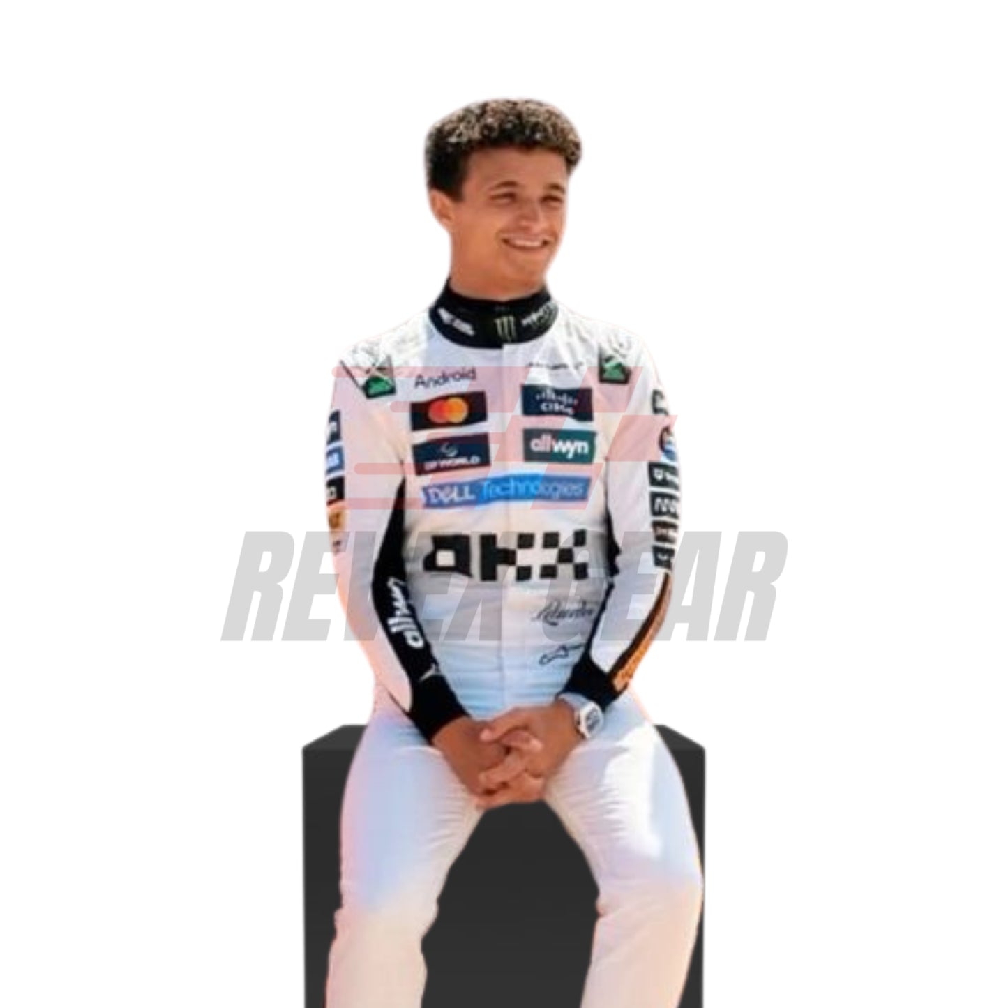 Close-up of the Monaco GP 2025 white racing suit fabric, highlighting crisp McLaren embroidery and precision stitching on the retro-style driver attire.