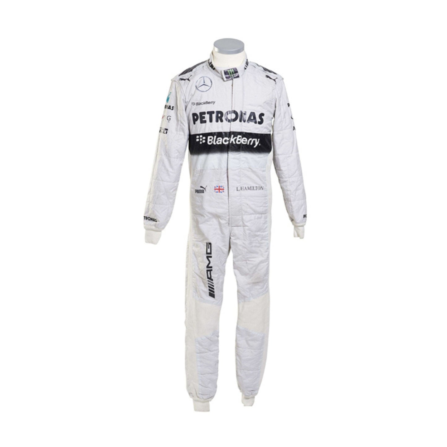 Front view of Lewis Hamilton’s 2014 F1 racing suit in white and teal colors, worn during his championship-winning season showcasing sleek race-ready design.