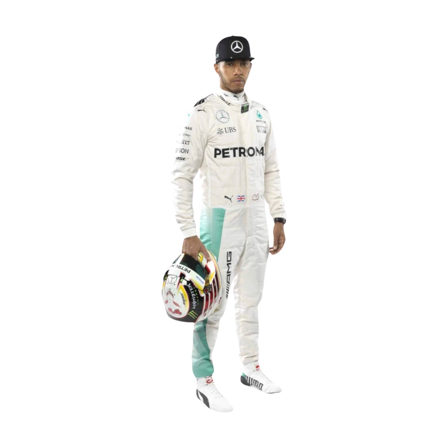Left side view of Lewis Hamilton’s 2018 F1 racing suit, showcasing sponsor logos, a streamlined design, and a fit that supports flexibility and agility during high-speed maneuvers.