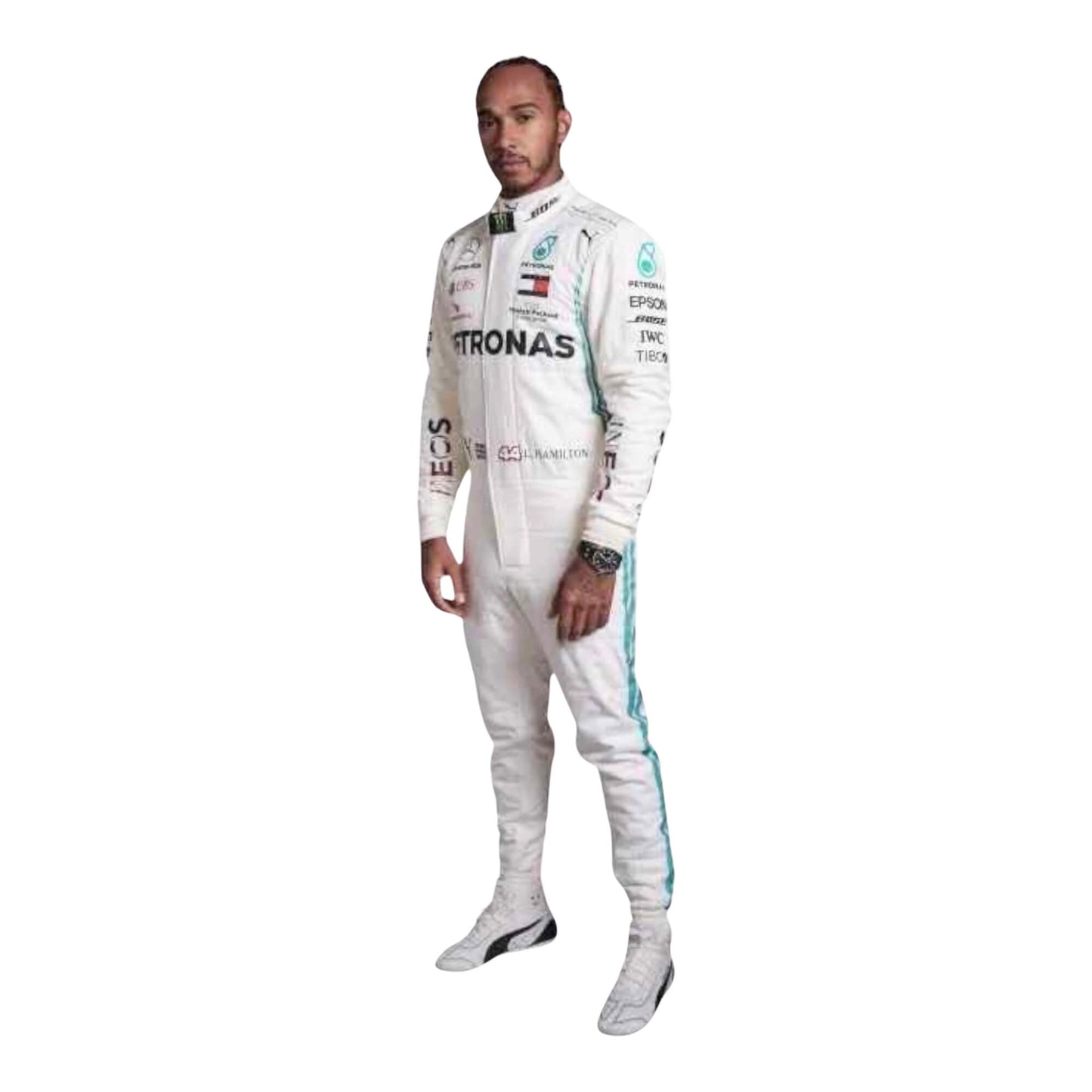 Right side view of Lewis Hamilton’s 2018 F1 racing suit, highlighting sponsor logos, ergonomic design for improved mobility, and the suit's aerodynamic fit for fast-paced racing.