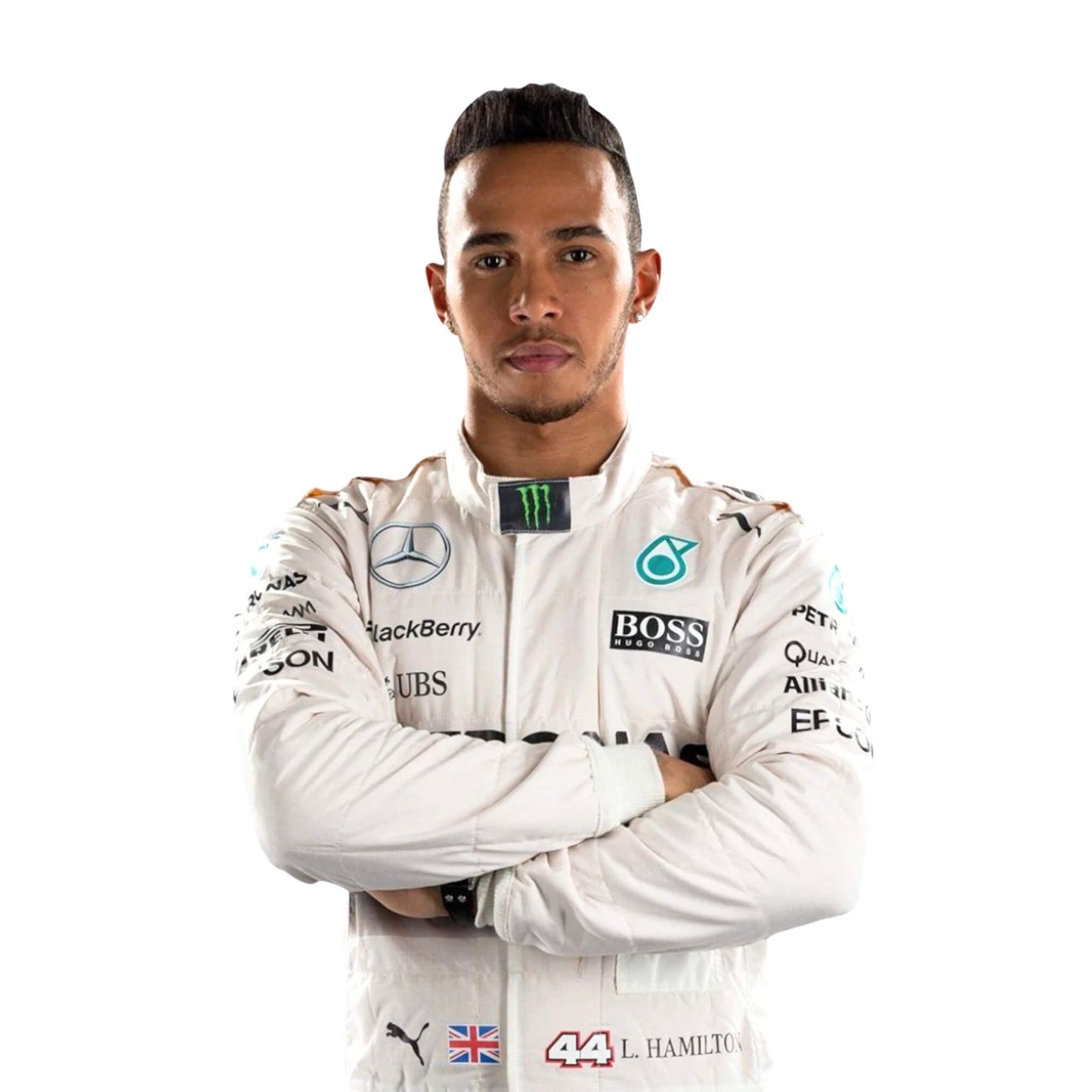 Close-up of the chest area of Lewis Hamilton’s 2018 F1 racing suit, focusing on the embroidered sponsor logos and breathable fabric for superior comfort during intense race conditions.