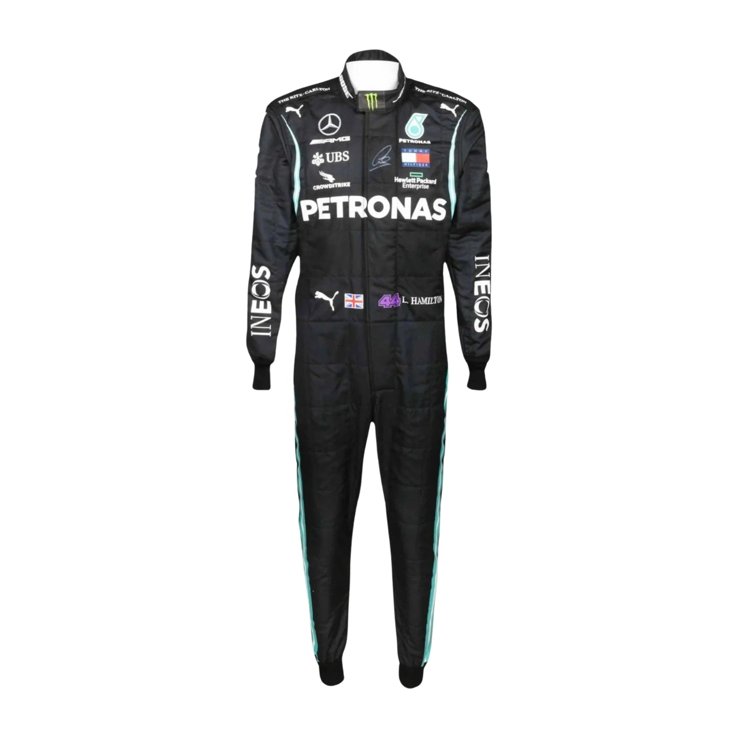 Front view of Lewis Hamilton’s 2020 F1 racing suit in black with turquoise accents, symbolizing his powerful and historic championship season.