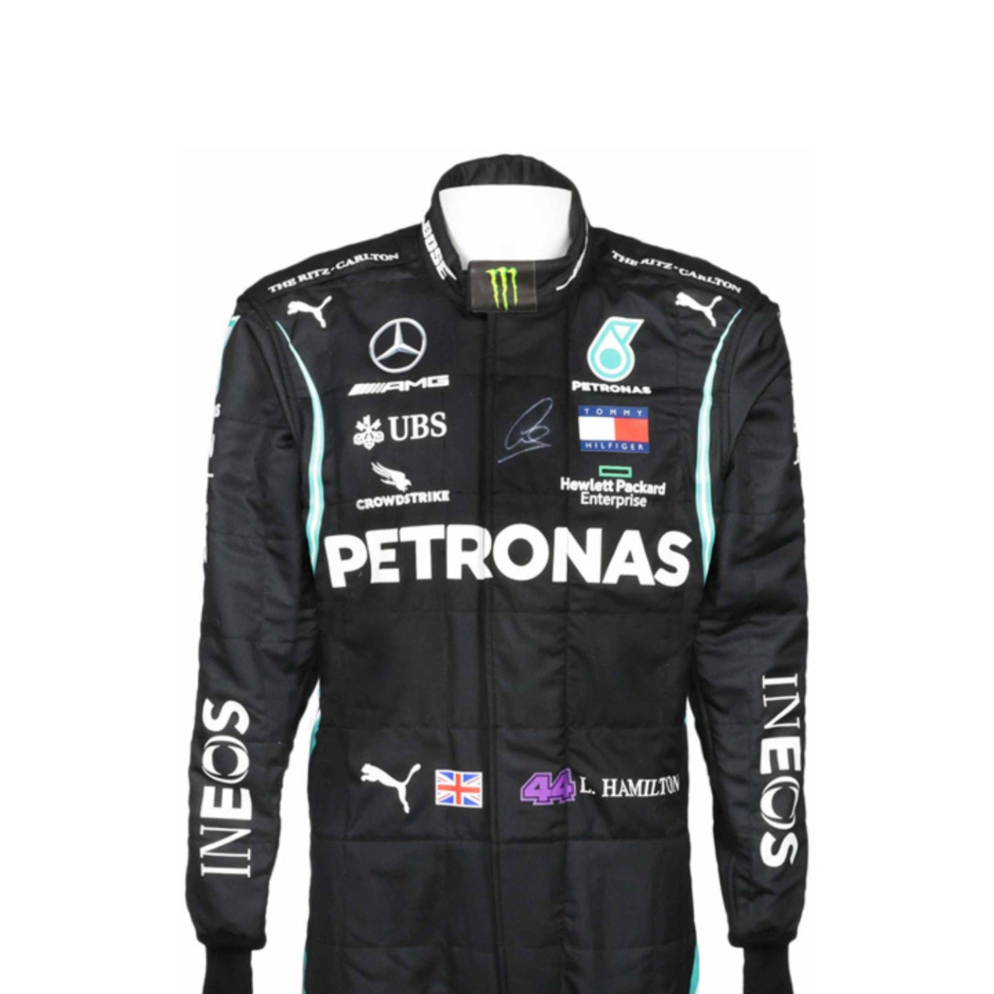 Close-up of Lewis Hamilton’s 2020 F1 suit revealing black fabric with turquoise stitching and sponsor details, worn during his legendary seventh title run.
