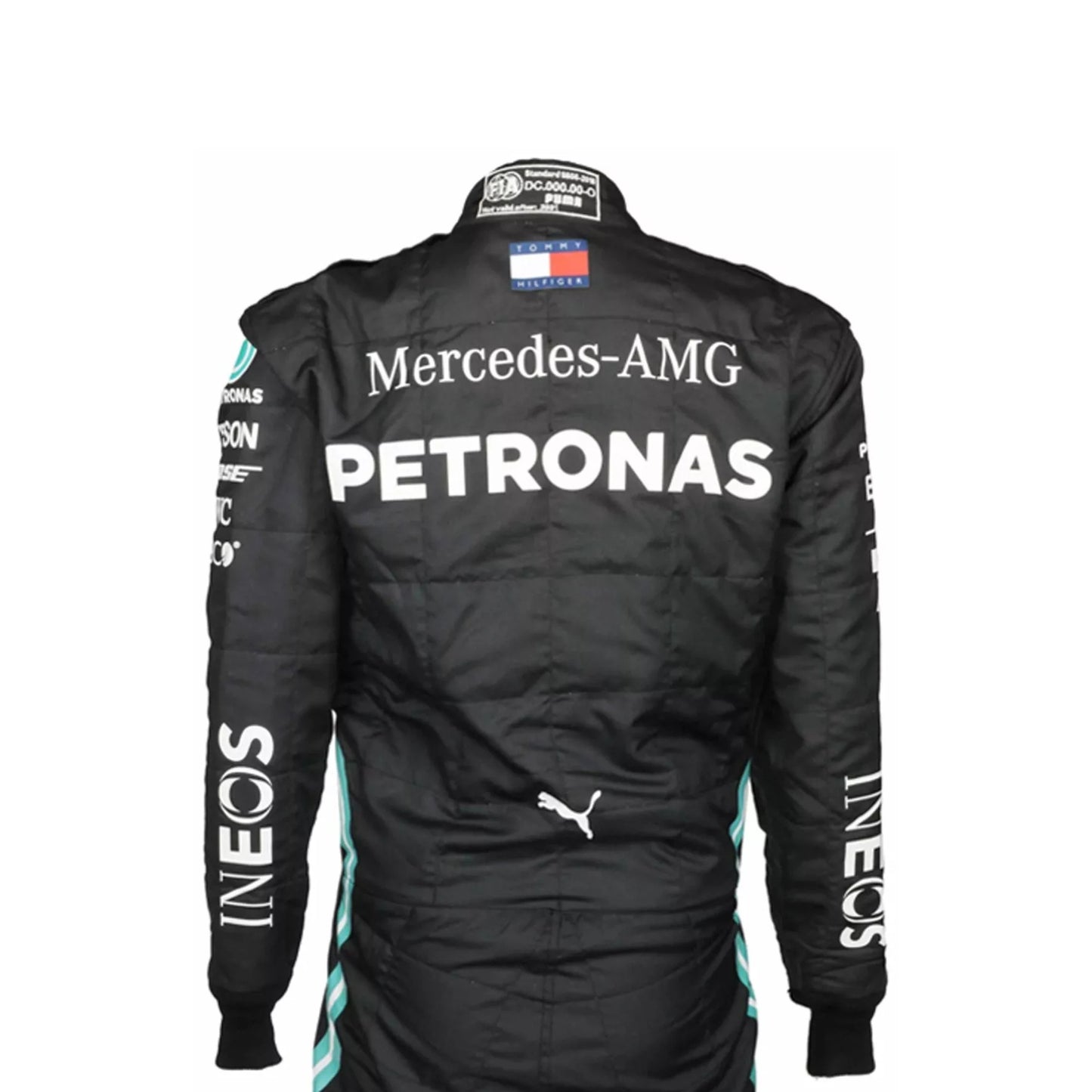 Close-up of Lewis Hamilton’s 2020 F1 suit revealing black fabric with turquoise stitching and sponsor details, worn during his legendary seventh title run.