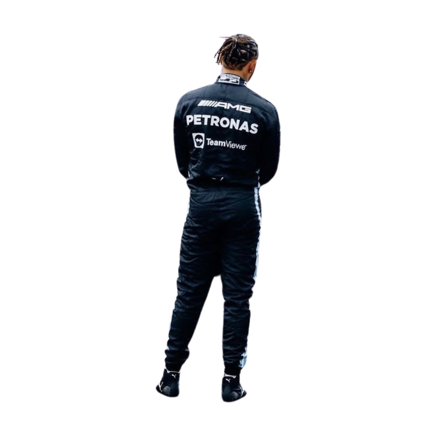 Back view of Lewis Hamilton’s 2020 racing suit featuring a sleek black design with turquoise details, worn during his record-equalling season.
