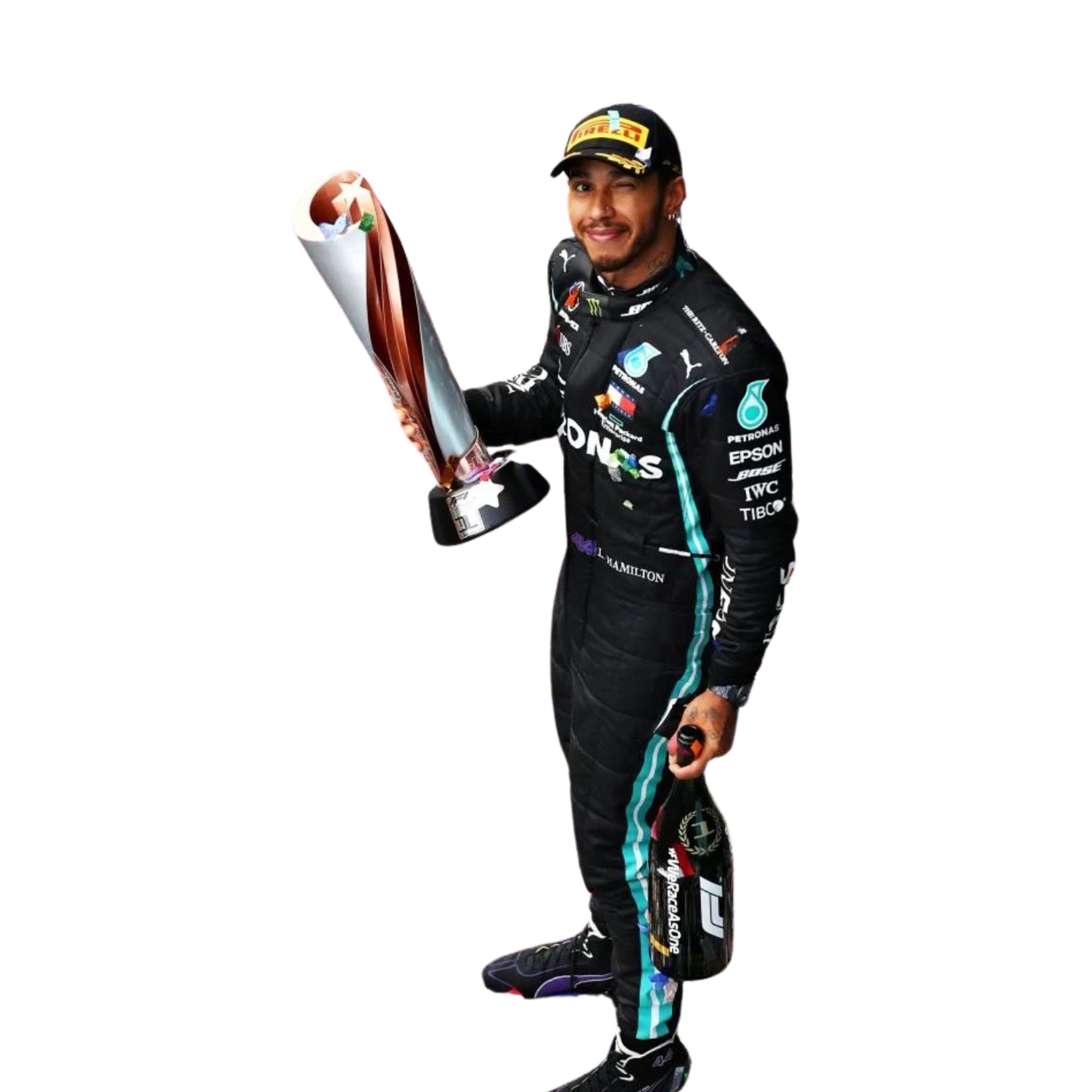 Side profile of Lewis Hamilton’s 2020 black racing suit with turquoise highlights, showcasing aerodynamic fit and tribute elements from the season