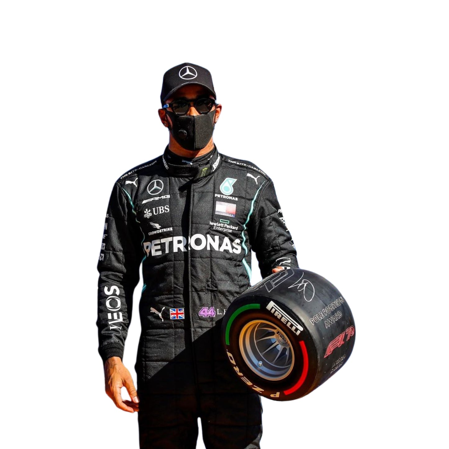 Close-up of Lewis Hamilton’s 2020 F1 suit revealing black fabric with turquoise stitching and sponsor details, worn during his legendary seventh title run.