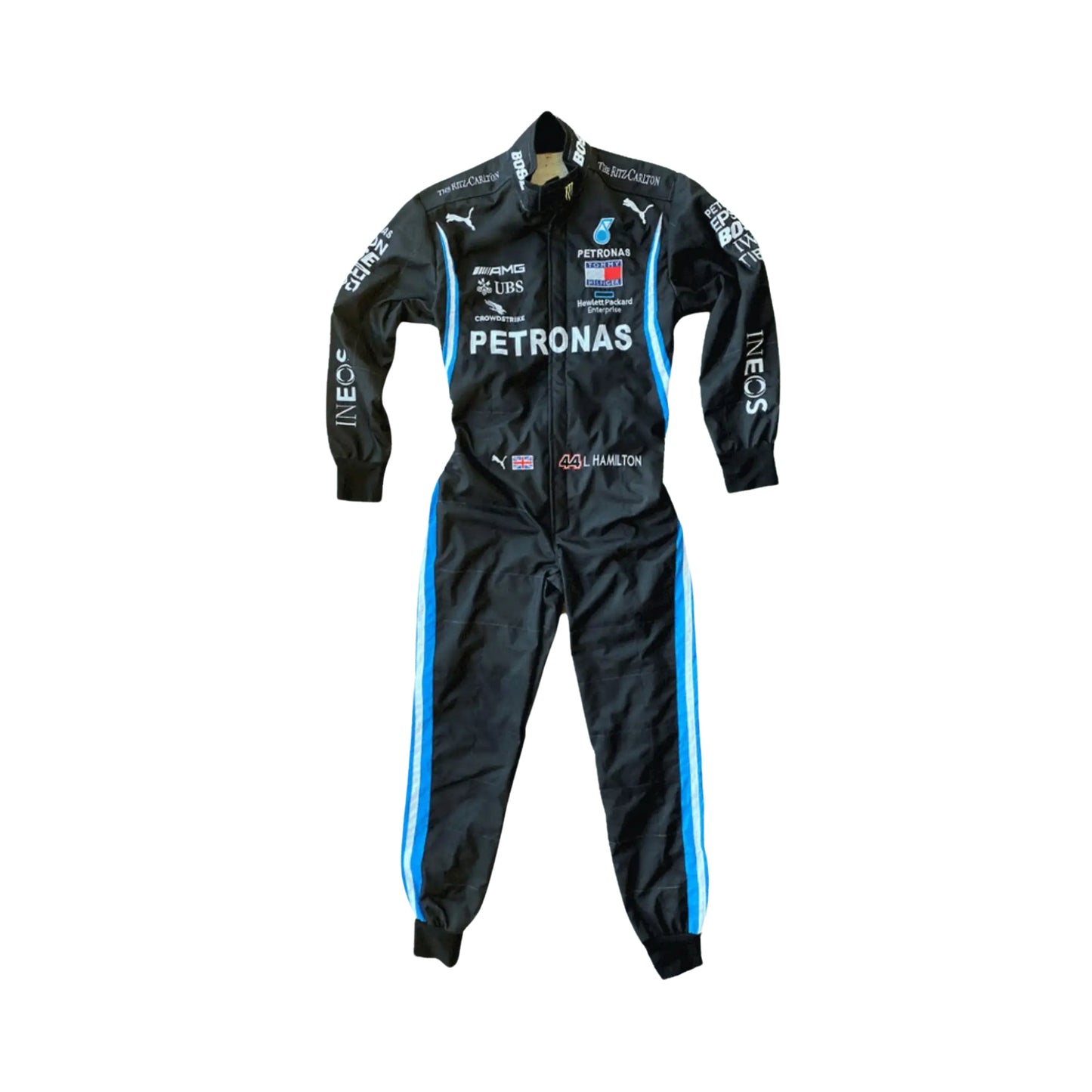 Front view of Lewis Hamilton’s 2020 F1 racing suit in black with turquoise accents, symbolizing his powerful and historic championship season.
