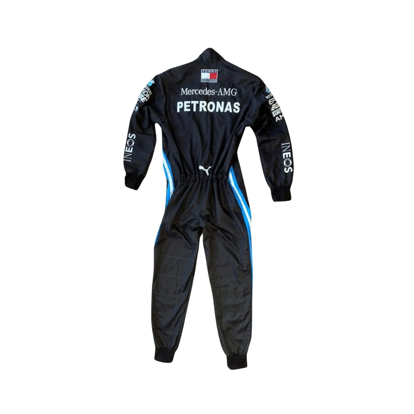 Back view of Lewis Hamilton’s 2020 racing suit featuring a sleek black design with turquoise details, worn during his record-equalling season.