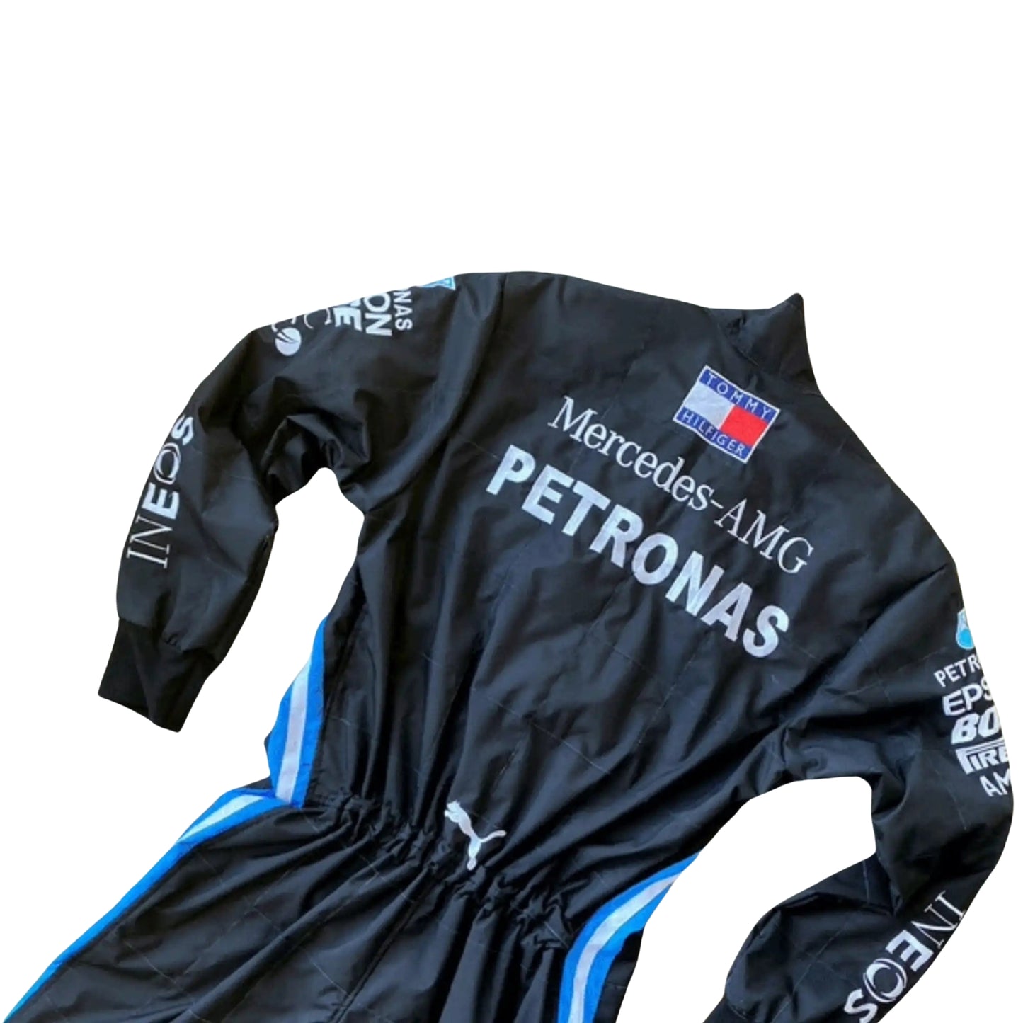 Back view of Lewis Hamilton’s 2020 racing suit featuring a sleek black design with turquoise details, worn during his record-equalling season.