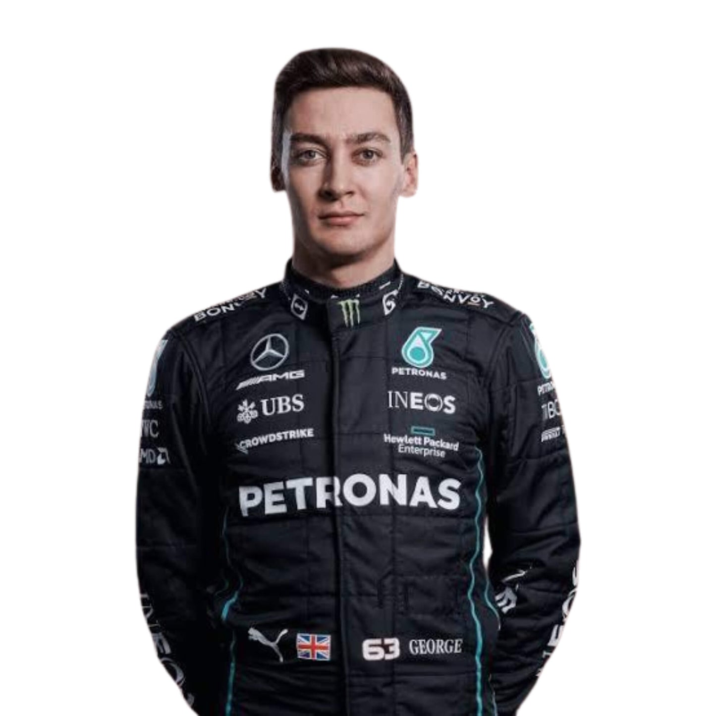 Front profile of George Russell 2022 F1 suit – aerodynamic styling with black base and turquoise highlights.
