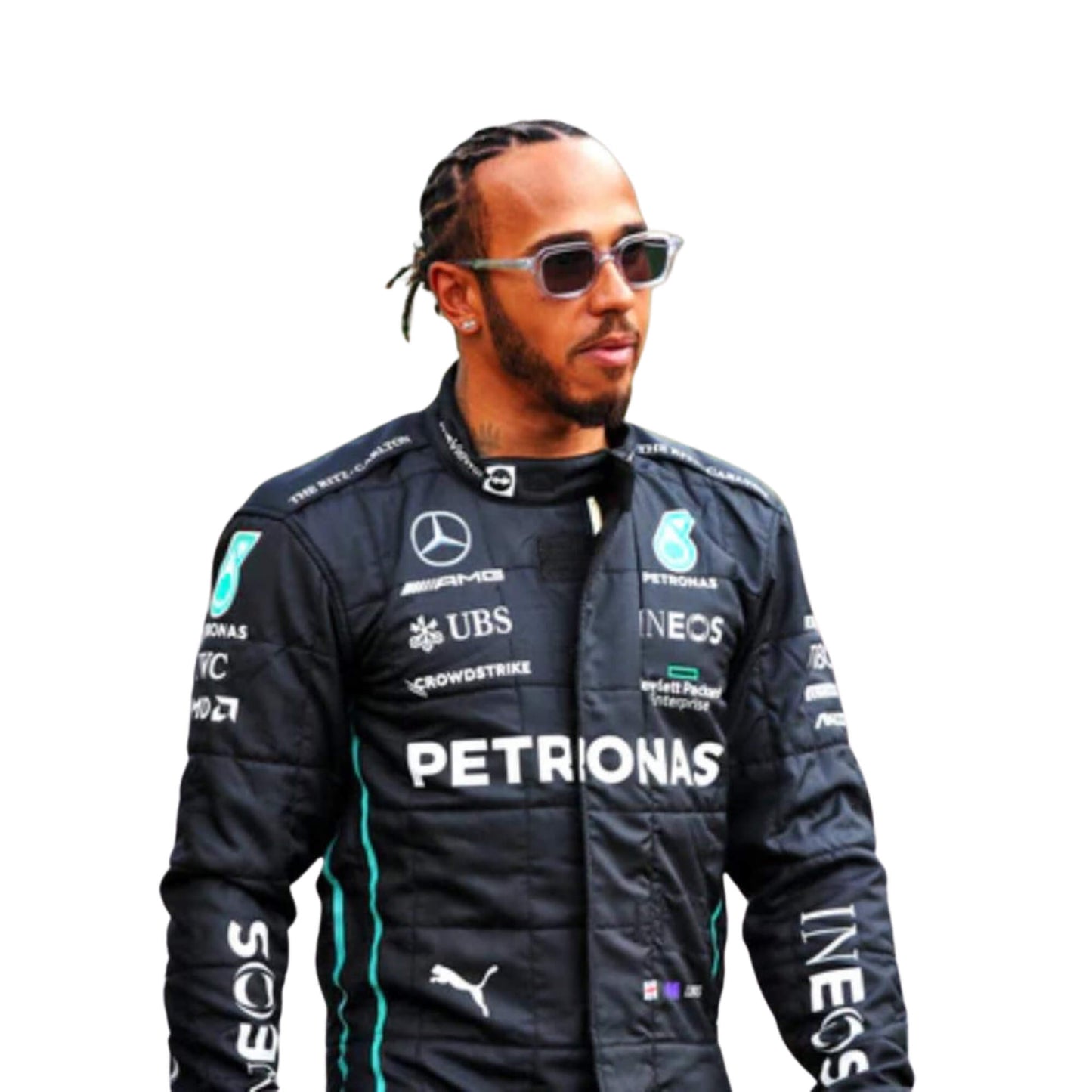 Close-up profile of Lewis Hamilton 2022 racing suit