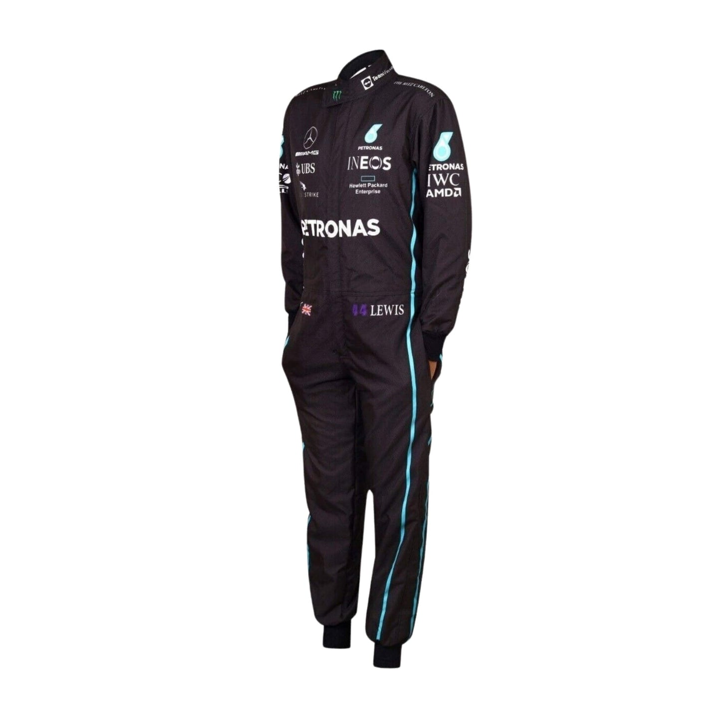 Lewis Hamilton 2022 F1 racing suit – Left side view of black suit with turquoise accents and detailed race-style fit.