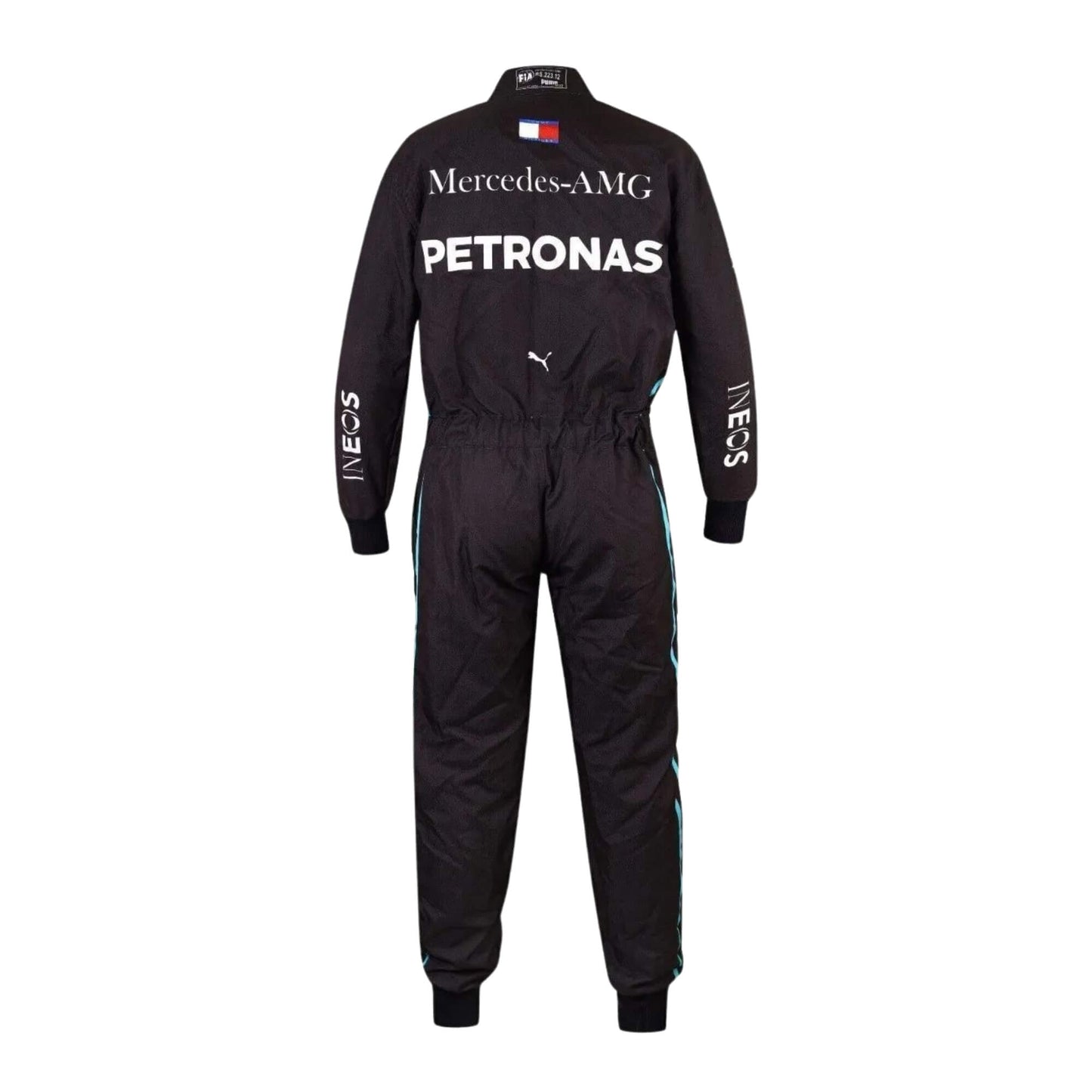 Back view of Lewis Hamilton 2022 racing suit – black racing gear with turquoise highlights and structured fit.