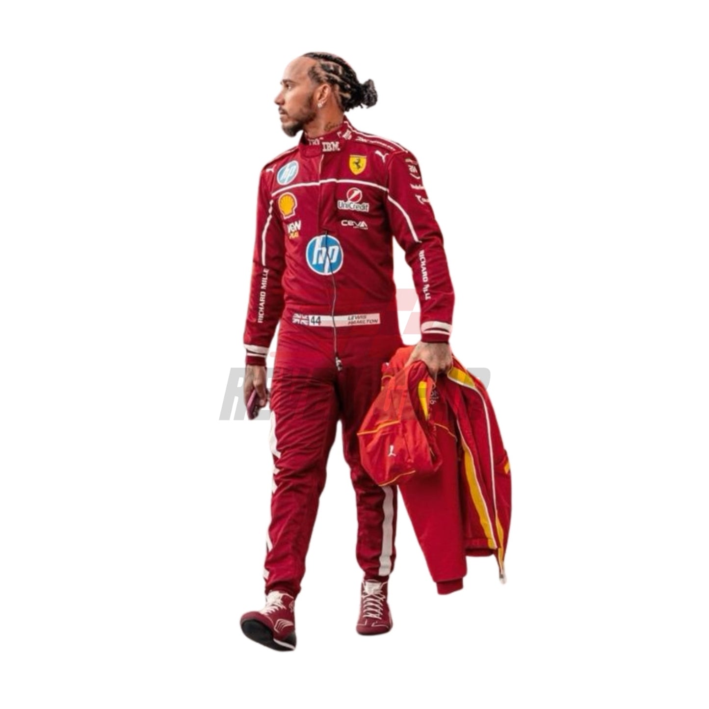 2025 F1 racing costume front view worn by Lewis Hamilton featuring aerodynamic design, sponsor patches, and sharp contrast panels in red, black, and silver.