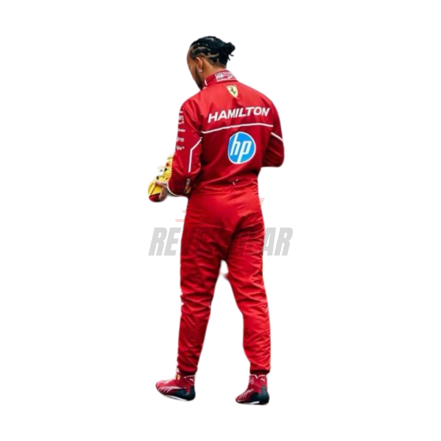 Rear view of 2025 F1 race suit worn by Hamilton with fitted cut, driver branding, and team insignia placed above the aerodynamic spine panel.