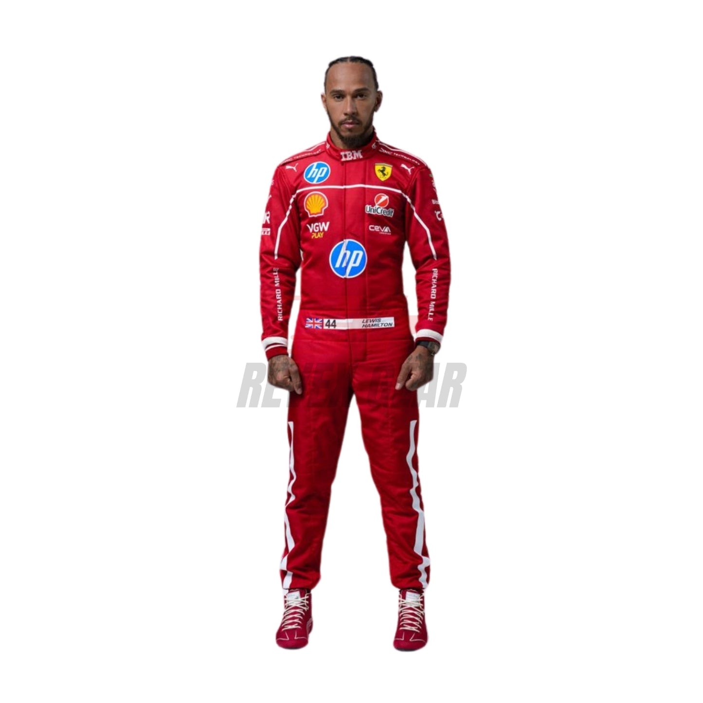 2025 F1 racing costume front view worn by Lewis Hamilton featuring aerodynamic design, sponsor patches, and sharp contrast panels in red, black, and silver.
