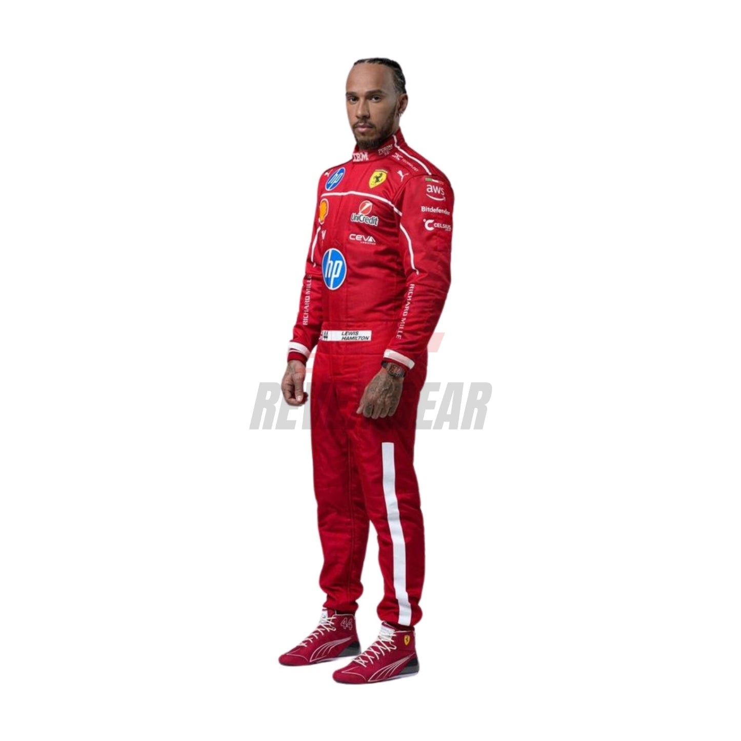 Left Side profile of the 2025 Lewis Hamilton F1 costume, showing curved sleeve patterns, ergonomic panel stitching, and side sponsor detailing.