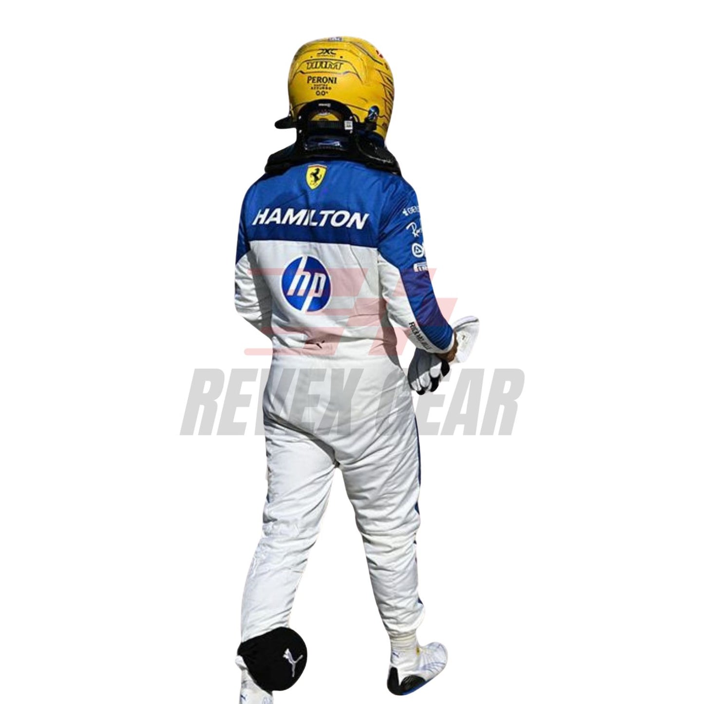Rear view of Lewis Hamilton’s Miami GP 2025 suits featuring form-fitted tailoring, palm-themed graphics, and team branding near the lower back and collar.